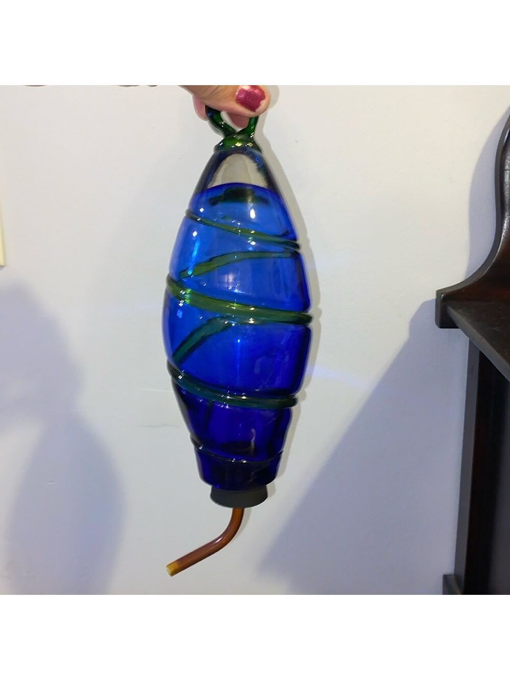 Vintage Blown Glass Art Glass Hummingbird Feeder cobalt blue green swirl pattern